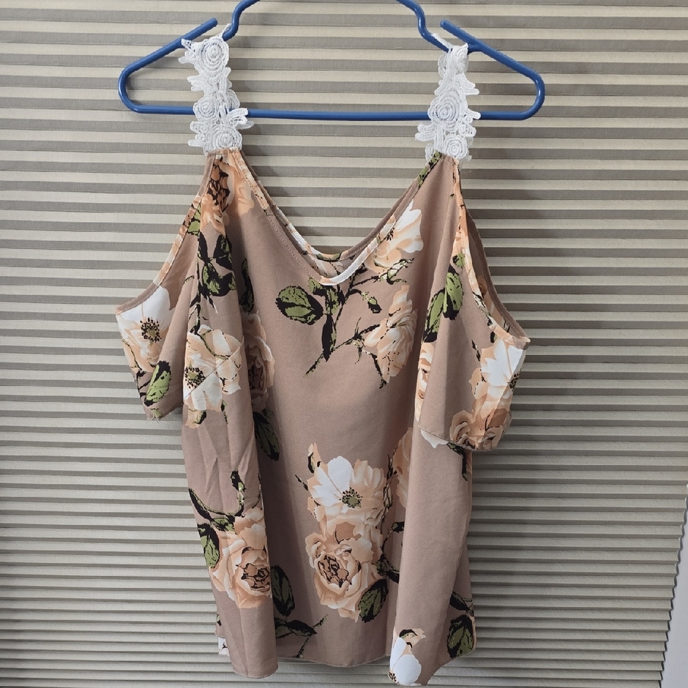 Floral Cold-Shoulder Tank Top with Crochet Straps - Taupe Size XL/OXL